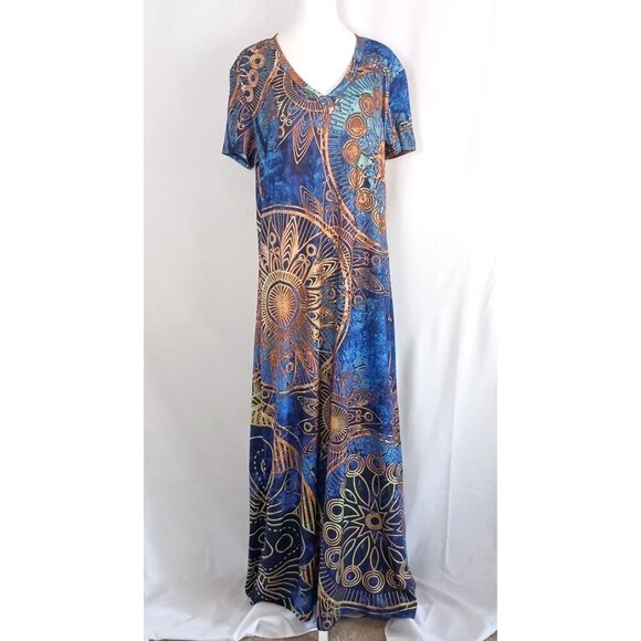 Just Fashion NOW Blue Mandala Maxi Dress L Double Split Boho Festival Vibe - Picture 2 of 7